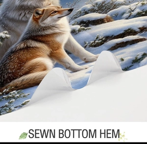 Detailed close-up showing the high-quality sewn bottom hem on a 3D wolf print shower curtain