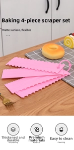 Detail of pink 4-piece cake scraper set with serrated edges and hanging ring for baking
