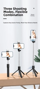 Detail of the multifunctional selfie stick tripod showing led light and remote shooting mode