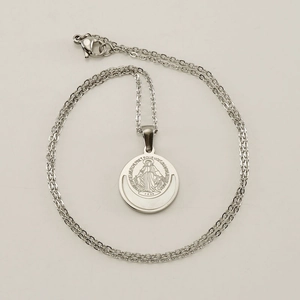 Silver stainless steel religious Miraculous Medal pendant necklace with a fine chain