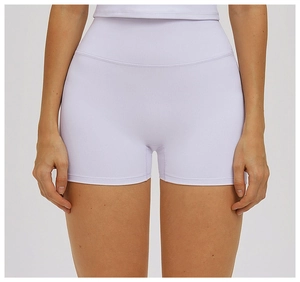 Close-up of high-waisted ribbed yoga shorts in lilac showing the elastic fabric texture