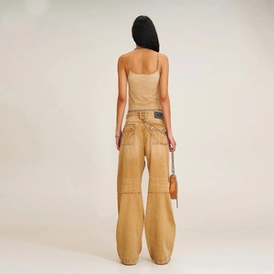 Back view of camel wide-leg cargo jeans and spaghetti strap top set for women