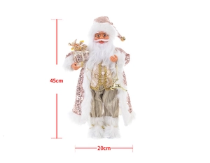 Detailed view of standing Santa Claus ornament in rose gold with dimensions 45cm x 20cm