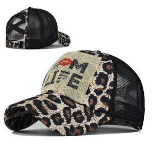 Leopard Print Ponytail Baseball Cap Criss Cross Mesh Back Trucker Hat Mom Life Sun Protection For Women