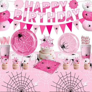 Pink Spider Web Birthday Party Tableware Disposable Plates Cups Napkins Tablecloth Banner Balloons Girls Halloween Decorations