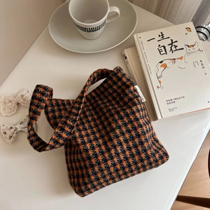 Mini orange plaid tweed tote bag for women with minimalist soft knit handle