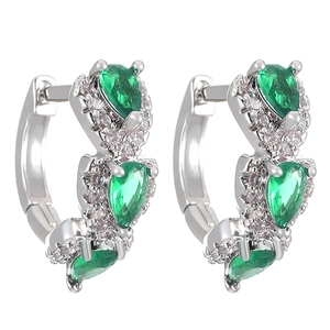 Elegant silver hoop earrings with pear-cut green zircon stones and white diamond accents
