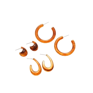 3-pair tortoiseshell resin earring set with acrylic hoops and studs on white background