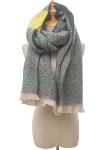 Detail of color-block striped scarf with tassels in green, grey and yellow wool blend