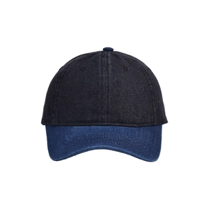 Two-tone washed denim baseball cap with a dark crown and blue brim for men and women