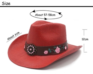Detailed dimensions of a red straw cowboy hat with rose embroidery and 58cm circumference