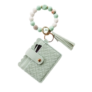 Mint green silicone beaded bracelet keychain with PU leather card holder and tassel