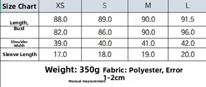 Size chart for balloon-style short dress with measurements for XS S M L sizes