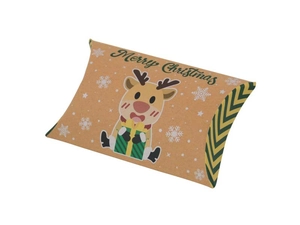 Detail of kraft paper Christmas pillow box with reindeer pattern and Merry Christmas text