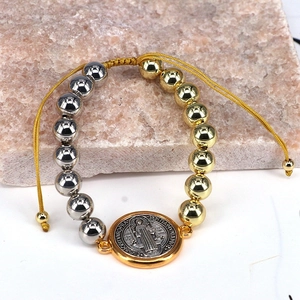 Religiöses Armband mit Marienmedaille, Gold-Silber-Perlen und gelber Kordelzug