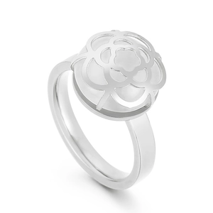 Minimalist stainless steel flower ring with hollow camellia design and silver finish