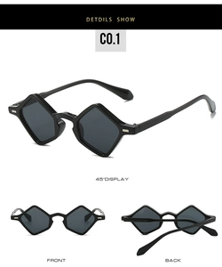 Three-angle views showing front, back, and 45-degree profile of black geometric sunglasses
