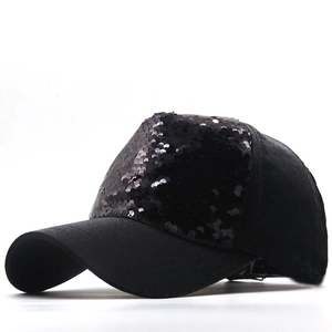 Stylish black sequined baseball cap with curved brim and reflective fabric for sun protection
