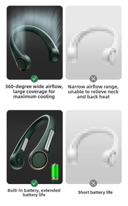 Detail view of 360-degree wide airflow and long battery life for portable neck fan
