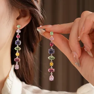 Silver needle earrings featuring colorful teardrop zircon tassels in a luxury design