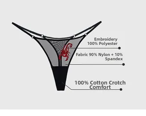 Detail of red scorpion embroidery on sheer mesh thong with material composition info