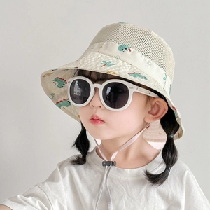 Detail of kids mesh sun hat with dinosaur print, breathable crown and chin strap