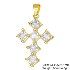 Detail of gold cross pendant with cubic zirconia, size 33.1x23mm and 4.7g weight