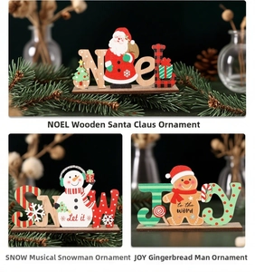 Detailed view of wooden Christmas desk ornaments featuring Santa, Snowman and Gingerbread man