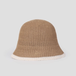 Women Knit Bucket Hat Breathable Cotton Polyester Foldable Sun Protection Contrast Color Trim Elegant Dome Summer Cap