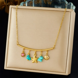 Stainless Steel Gold Plated Necklace Turquoise Pink Rhinestone Starfish Shell Charms Bohemian Ocean Beach Jewelry Women
