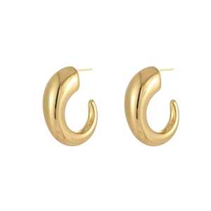 Close-up of smooth 18K gold plated hollow C-shape earrings on white background