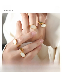 Detail showing gold-plated titanium steel rings with elegant white mother of pearl inlay