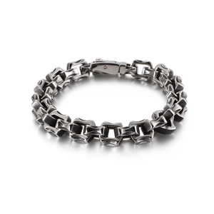 Men's vintage square link chain bracelet in antique silver stainless steel on white background