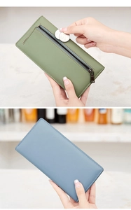 Détail de portefeuilles longs RFID en cuir PU avec fermeture éclair verte et style plié bleu
