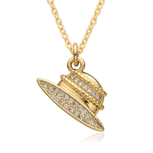 Detailed view of gold hat pendant necklace with micro-pave sparkling cubic zirconia