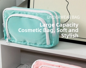 Detail view of large multi-layer mint green stationery pouch with smooth white zippers