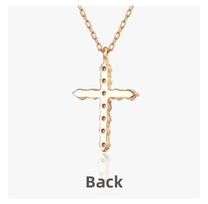 Back view of 14k rose gold plated cross pendant showing meticulous hollow-out metal craftsmanship