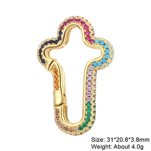 Detailed view of a gold cross jewelry clasp with zircon stones and dimension markings