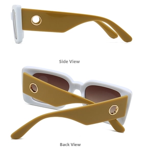Detailed side and back views of white rectangle sunglasses with yellow wide temples