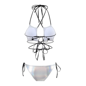 Detailed view of silver holographic bikini with black drawstring straps on white background