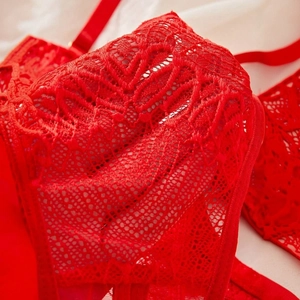 Sexy red lace bra set with intricate floral embroidery and adjustable thin straps