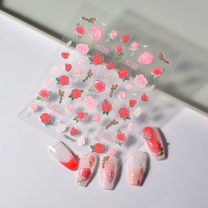 5D embossed rose nail stickers with delicate floral petals and green leaf designs