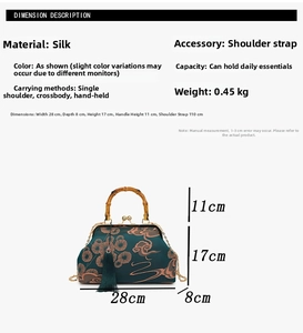 Detaillierte Größenangaben für die bestickte Seidenhandtasche mit Bambusgriff