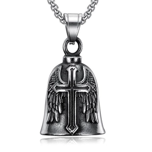 Polished vintage stainless steel motorcycle angel wing bell pendant on metal chain