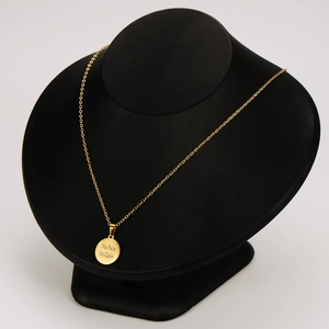 Gold stainless steel necklace with 'No Pain No Gain' pendant on black bust display
