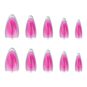 Pink gradient almond press-on nails with silver French rim and glossy finish