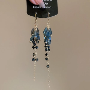 Detail of bohemian long tassel earrings with dark blue crystal beads and silver chains