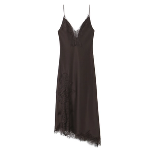 Slim fit dark brown satin dress with elegant lace trim and asymmetric hemline
