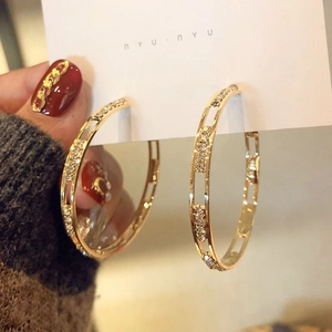 Hoop Earrings Double Layer Hollow C Shape Alloy Rhinestone Gold Plated With 925 Sterling Silver Earring Post For Women
