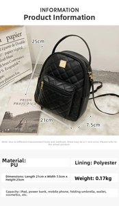 Detail specifications of black quilted PU leather backpack with dimensions and capacity